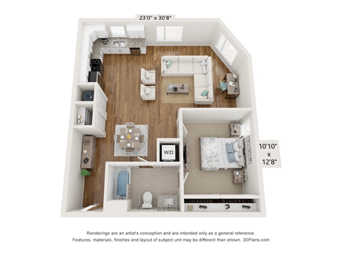 Floor plan for 1 bed, 1 bath, 864 sqft